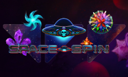 Cosmic-themed 'Space Spins' slot graphic featuring vibrant crystals and a skull-adorned UFO by Wazdan