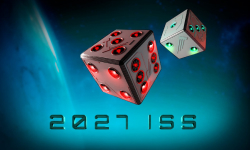 Electronic dice in the 2027 ISS slot game by Endorphina floating on a space-age background