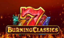Burning Classics slot game logo with fiery background and colorful slot symbols - Booming Games.